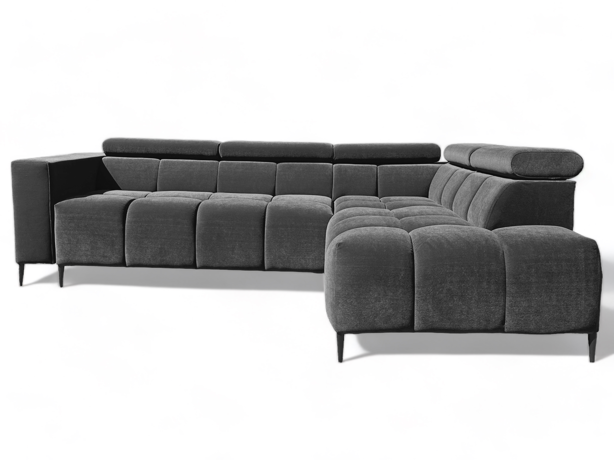 Nowoczesny narożnik welurowy z pikowanym siedziskiem i regulowanymi zagłówkami - obrazek 2