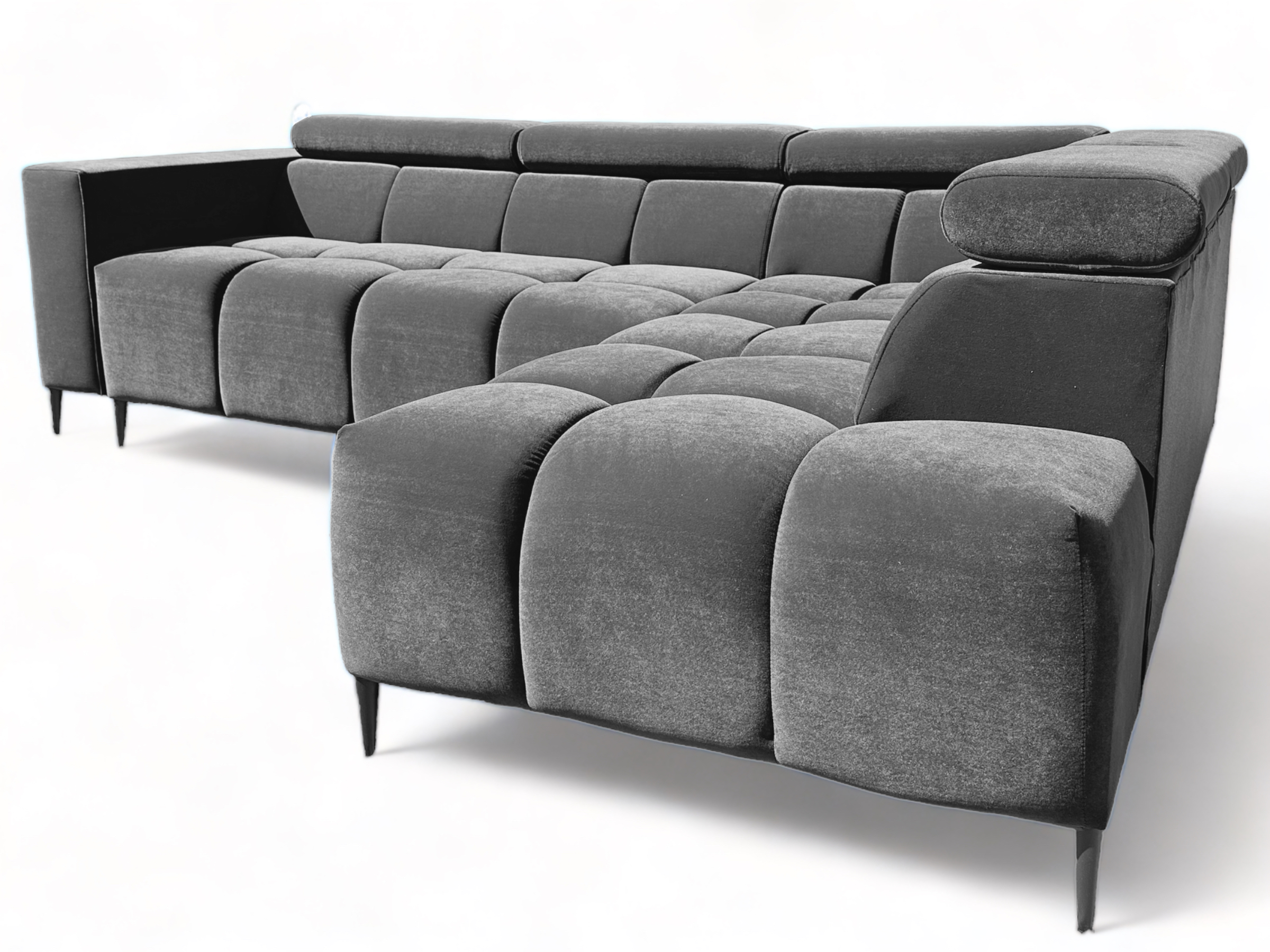 Nowoczesny narożnik welurowy z pikowanym siedziskiem i regulowanymi zagłówkami