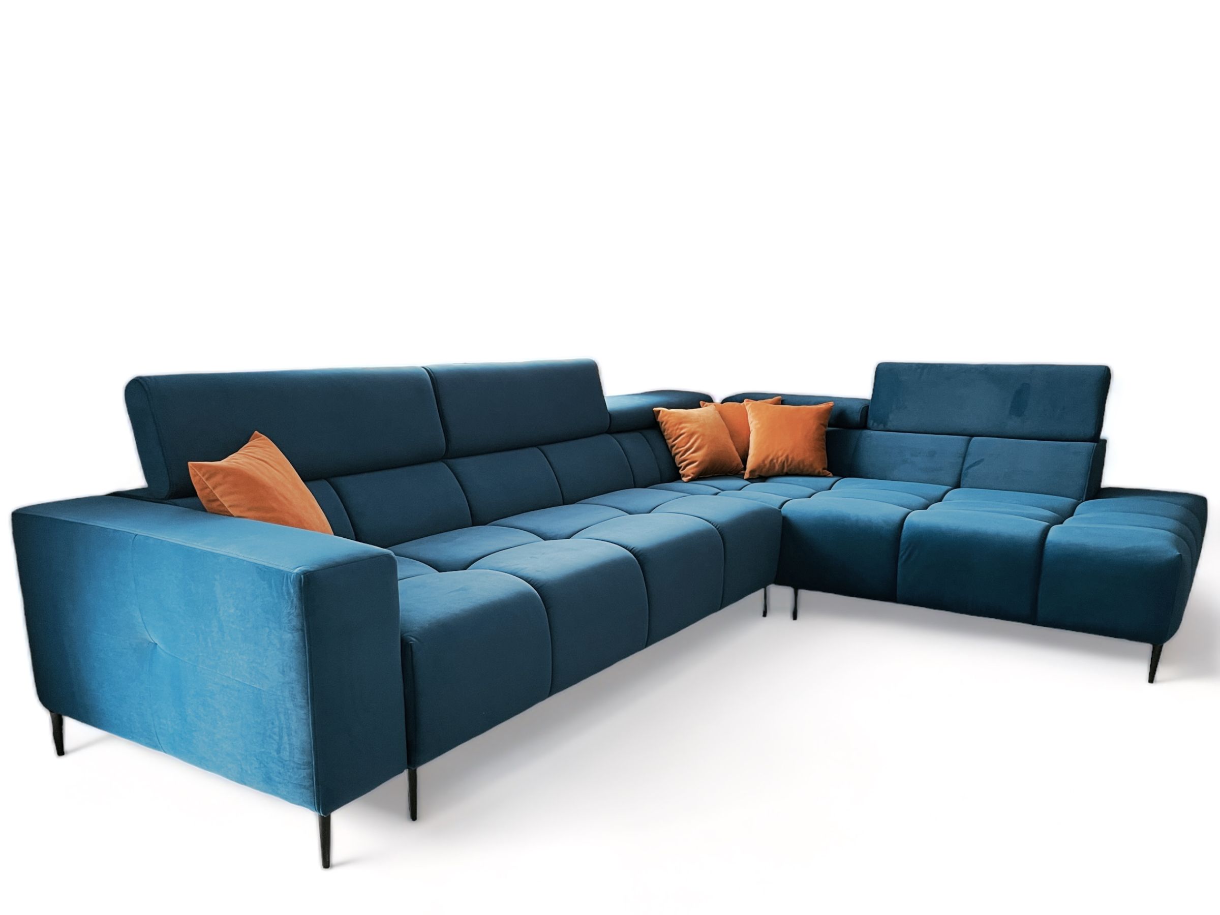 Nowoczesny narożnik welurowy z regulowanymi zagłówkami