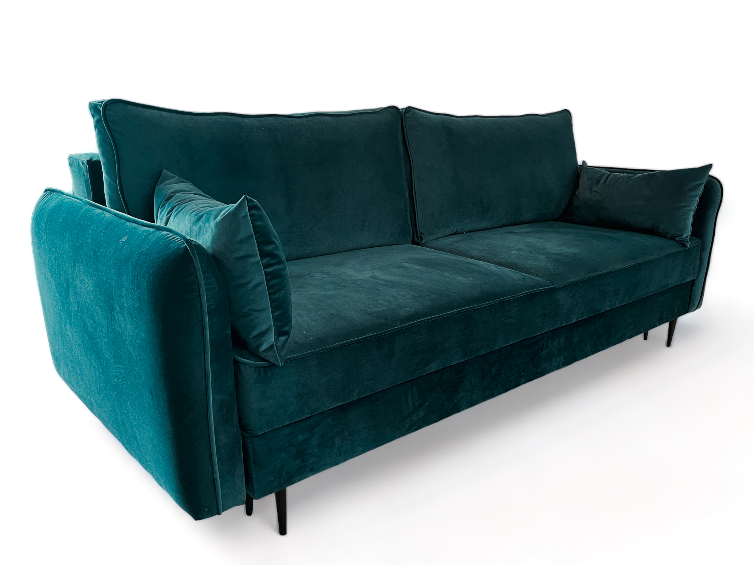 Nowoczesna sofa welurowa w kolorze butelkowej zieleni